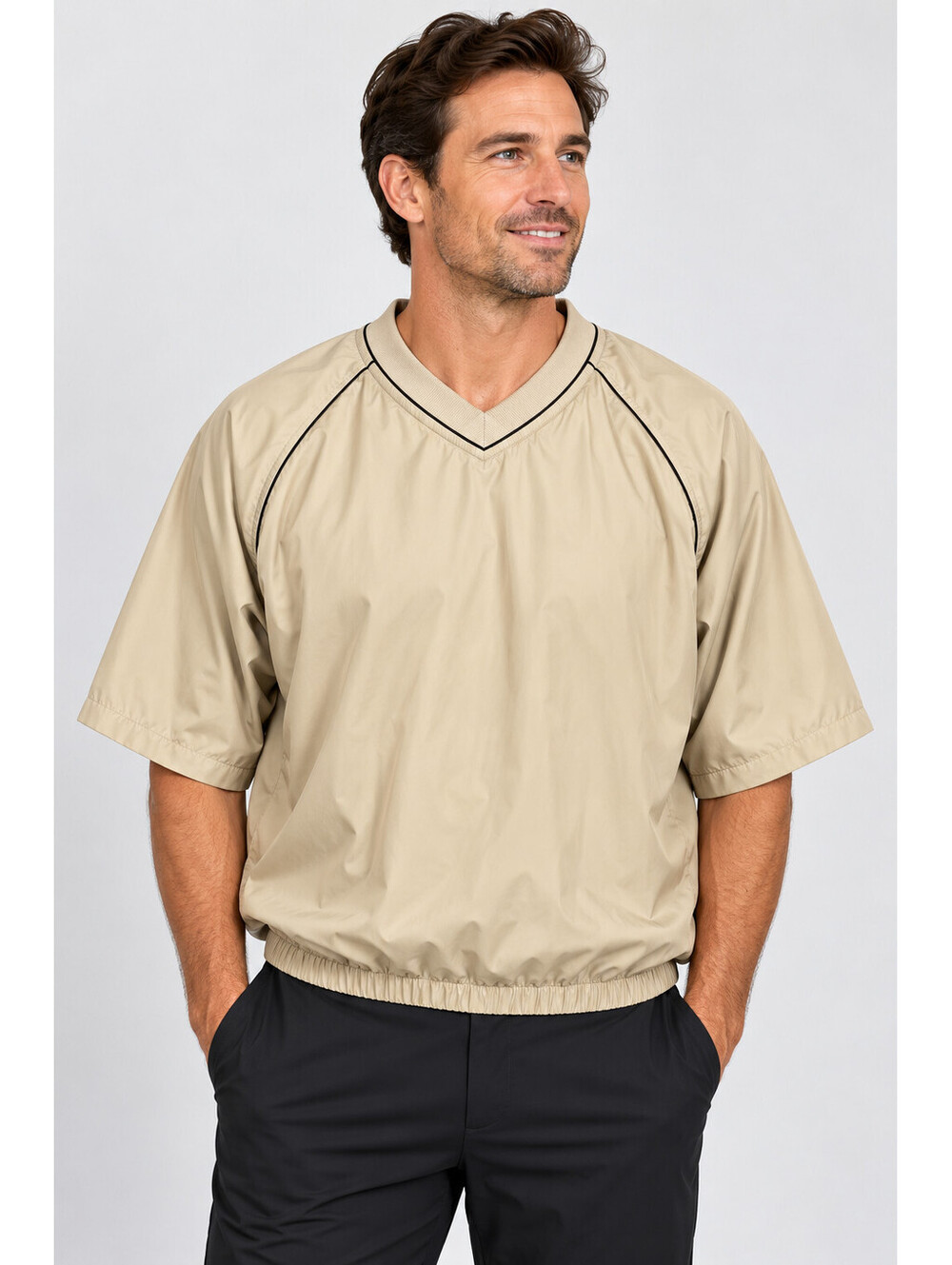 FootJoy Golf Windshirt Mens Large Beige Tan Short Sleeve Pullover V Neck FJ